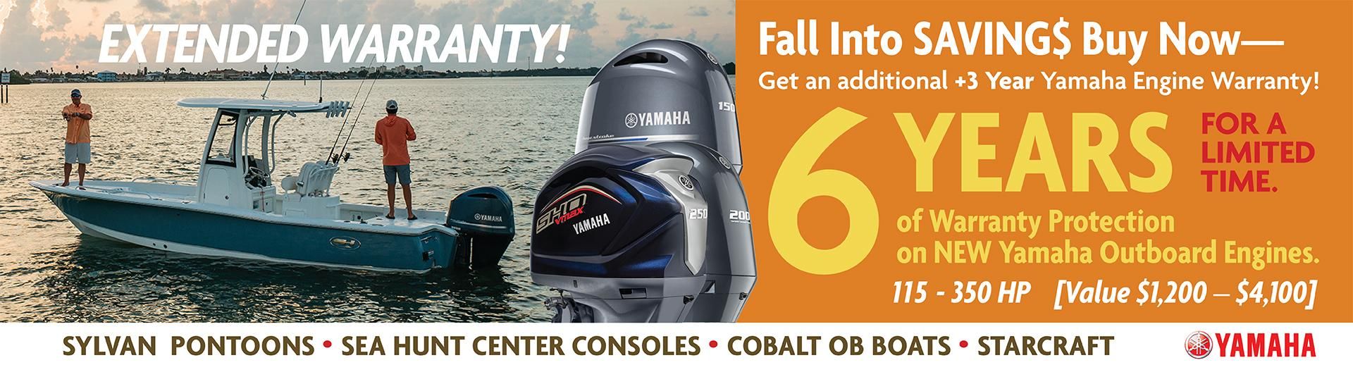 Receive an additional 3 year warranty on all NEW Yamaha Outboard Engines—that is 6 years of engine protection!